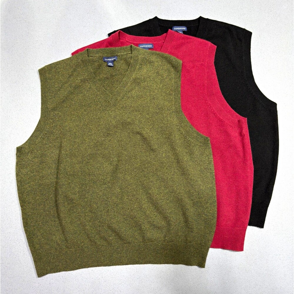 Lot of 3 Lands End 100% Cashmere V-Neck Sweater Vests Mens XXL Green Red Black